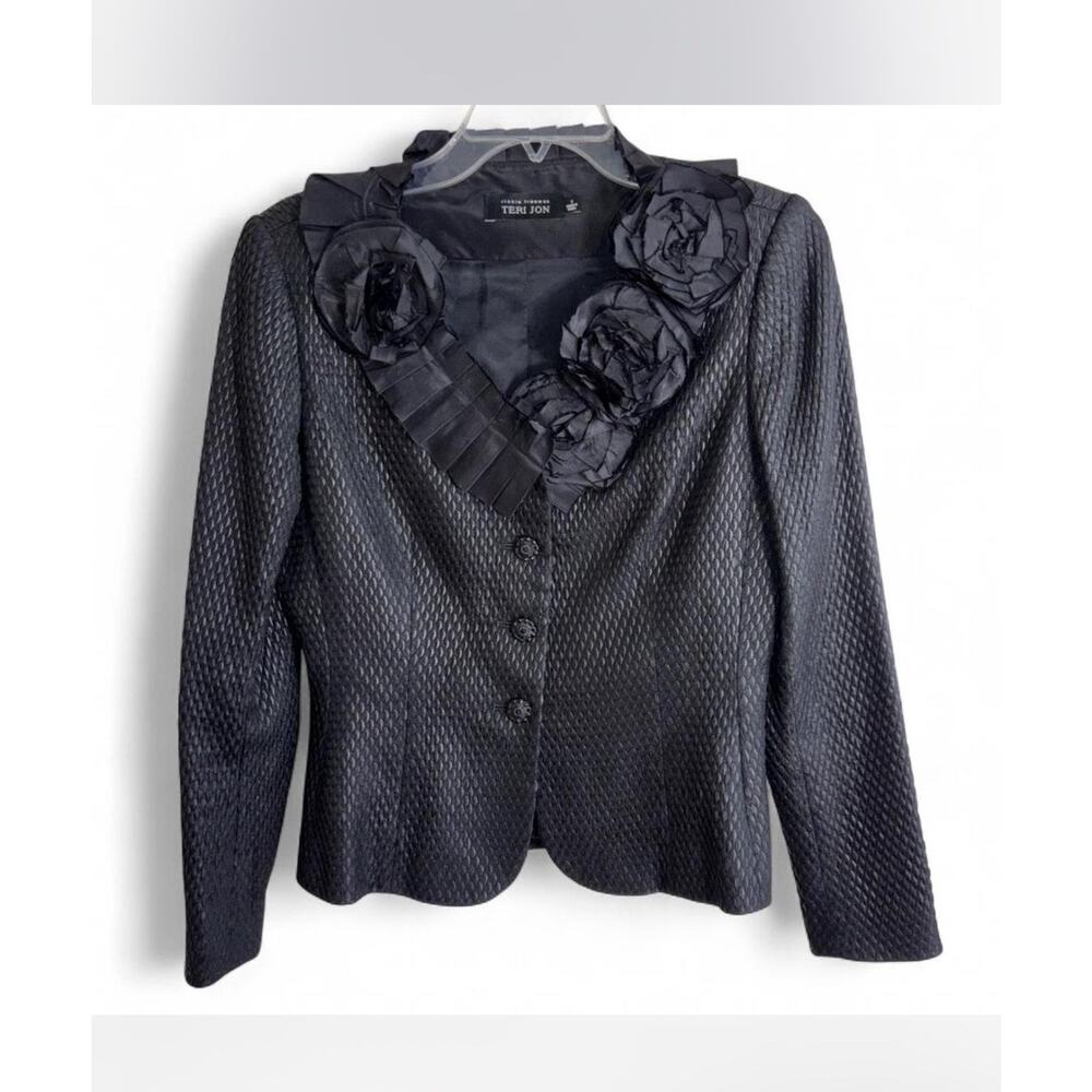 Rickie Freeman Teri Jon Black Textured Jacquard Blazer Jacket Satin Rosette SZ 4